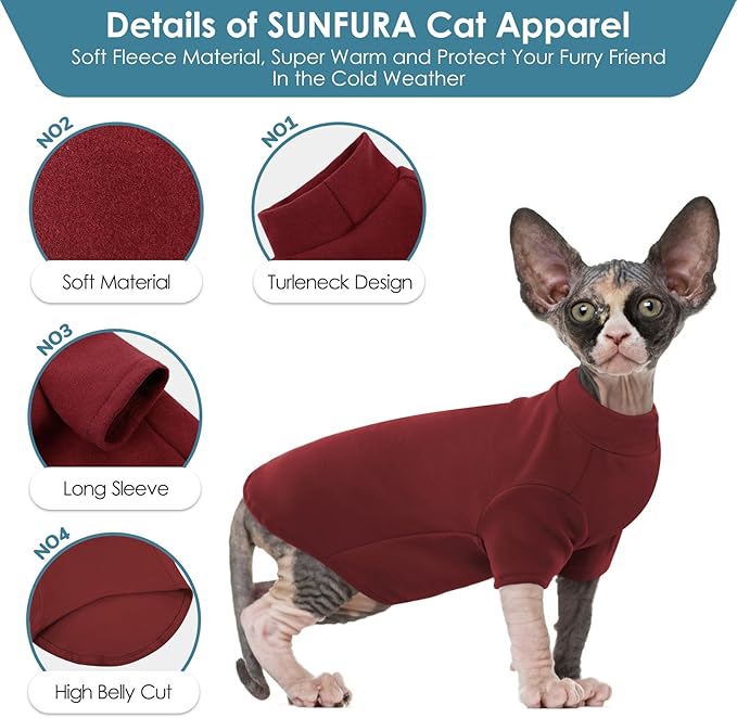 SUNFURA Turtleneck Sweater for Cat, Sphynx Hairless Cats Shirt Sweaters with Sleeves, Warm and Soft Kitten Pullover Fleece Winter Pajamas Jumpsuit for Puppy, Burgundy S