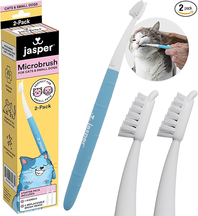 Jasper Microbrush Cat Toothbrush, Soft-Bristled Toothbrush Kit for Felines & Small Dogs, Premium Non-Slip Handle with 2 Replaceable Tooth Brush Heads, Use with Cat Toothpaste