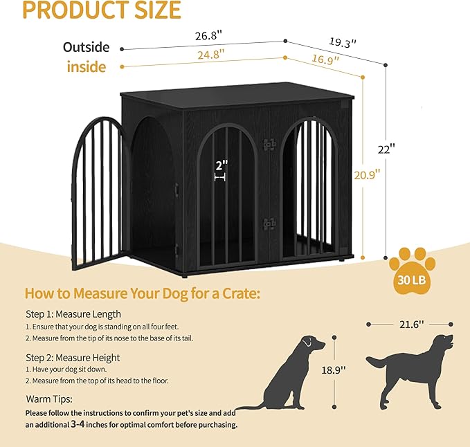26.8'' Wooden Dog Crate Furniture, Indoor Dog Kennel Dogs Cage for Small Dogs, Heavy Duty Dog Crates Decorative Pet House End Side Table TV Stand, Black DFC85504B