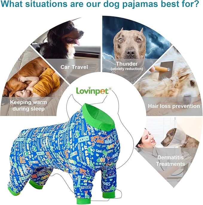 LovinPet Dog Pajamas Bodysuit for Giant Dogs -Dog Onesie with UV Protection & Anxiety Calming Shirt,Pitbull Dog Clothes, Pet Pajamas for Dogs, Cotton Jumping Frogs Print, Medium