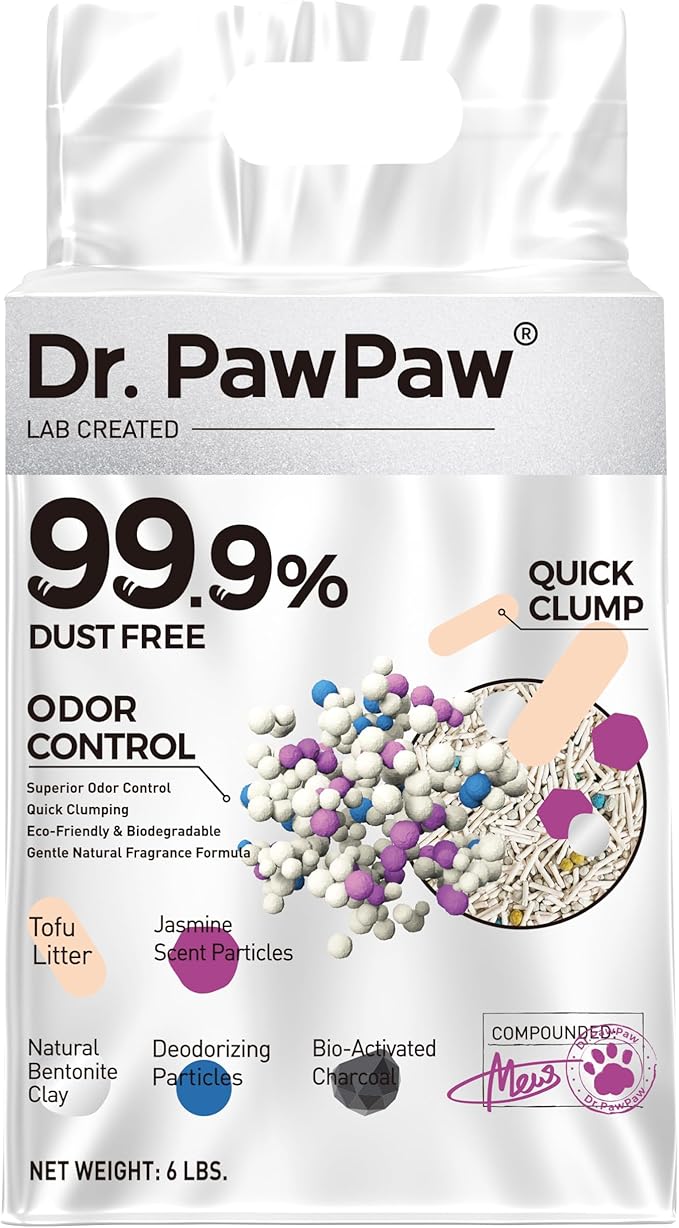 Tofu Cat Litter, Dr. PawPaw Clumping Cat Litter, Jasmine Scent 6 lb, Dust-Free Keep Kitty Tidy, Superior Odor Control Keep Step Fresh