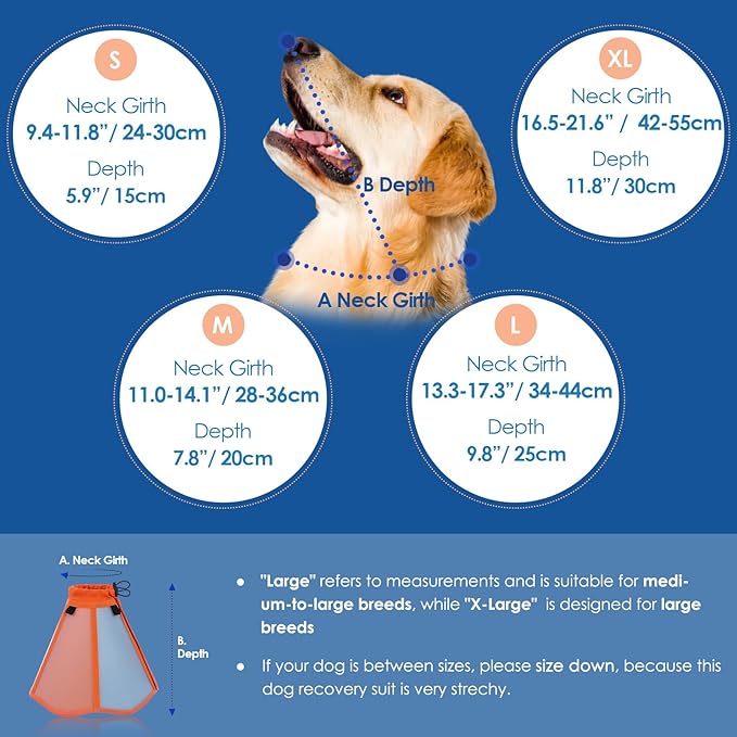 SUNFURA Dog Cones for Large Dogs, Soft Pet Cone Stop Licking After Surgery, Adjustable Pet E-Collar Alternative for Wound Healing, Orange Blue X-Large