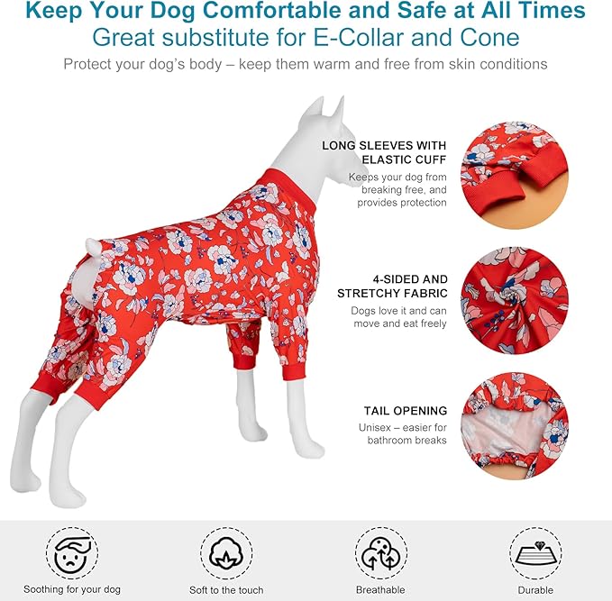 LovinPet Large Dogs PJS sweatshirt, Anti Licking, UV Protections Dog Shirt, Stretchy Comfortable Skin-friendly Fabric, Post Surgery Recovery Dog Pajamas, Red & Peach Floral Print, Onesies for Dogs,3XL