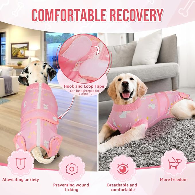 Lukovee Recovery Suit for Dogs, Zipper On Recovery Suit for Female Male Dog, Onesie Abdominal Wounds Cone E-Collar Alternative Prevent Licking Spay Recovery Suit (A-Pink,X-Small)