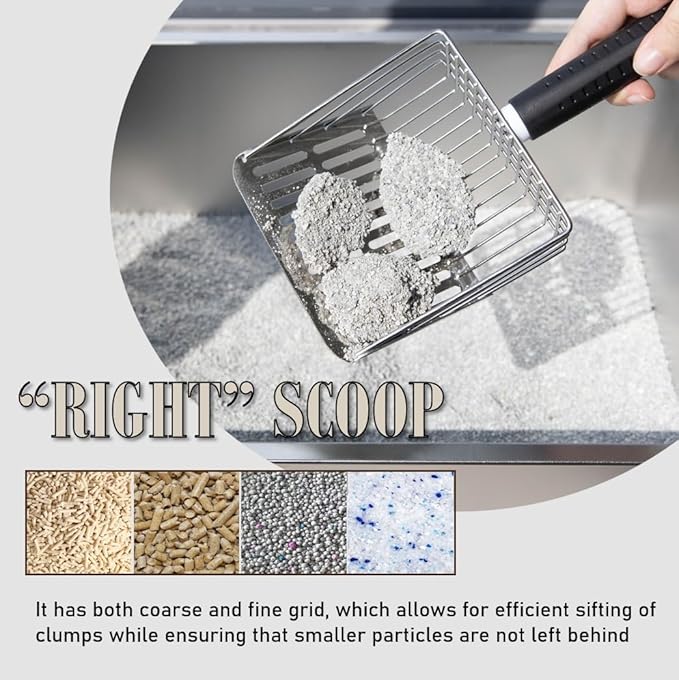 Metal Cat Litter Scoop with Holder, Stainless Steel Cat Litter Scooper Holder Trash Container, Heavy-Duty Kitty Poop Scooper with Coarse and Fine Grids for All Litter Pan