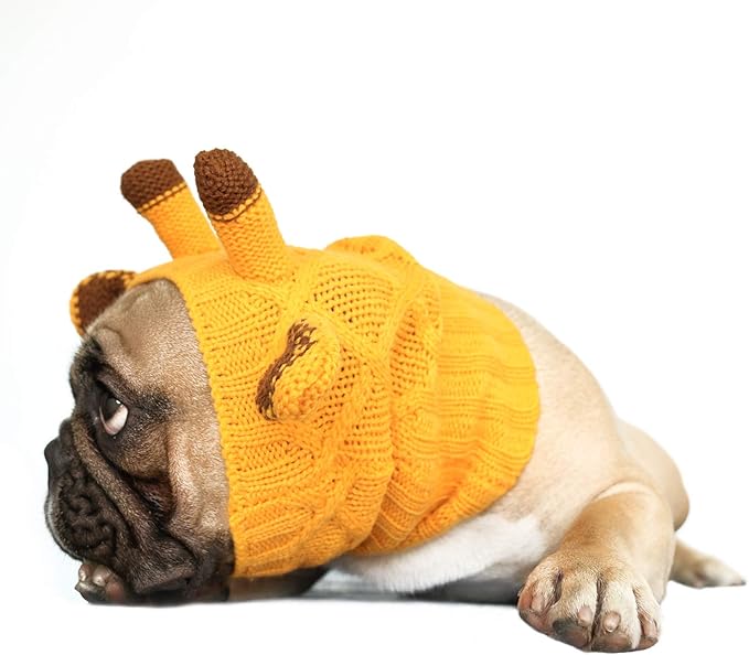 iChoue Dog Costume Ear Muffs Calming Hoodie Anxiety Relief Band Noise Canceling Headband Ear Protection Cover Force Drying Grooming Tool Knitted Snood Hood - Yellow Giraffe, Small