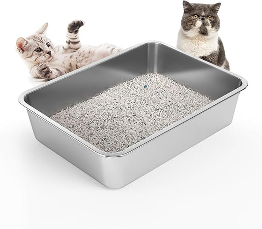 LIHONG Stainless Steel Cat Litter Box for Cat and Rabbit, Odor Control Litter Box Non Slip Rubber Feet. Odor Control, Non Stick, Never Bend 16" L x 12" W x 4" H