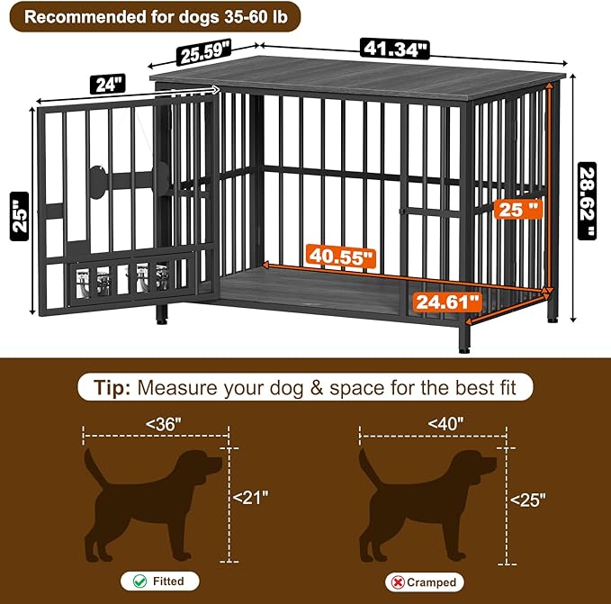 Easycom 41" Dog Crate Furniture Foldable, No Assembly Decorative Dog Kennel Indoor, Dog Crates for Large Dogs(35-60 lb), Wooden Dog Cage with Adjustable Bowls and Name Tag, End Table, Dark Grey