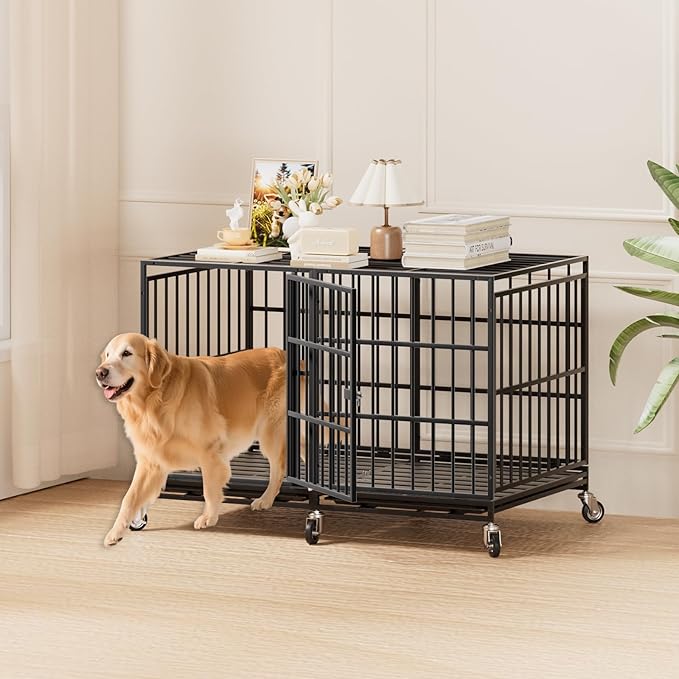 48 Inch Heavy Duty Dog Crate with Wheels，Indestructible Escape-Proof Dog Cage for Large Dogs, Extra Large XL XXL Indestructible Dog Crate with Removable Tray.