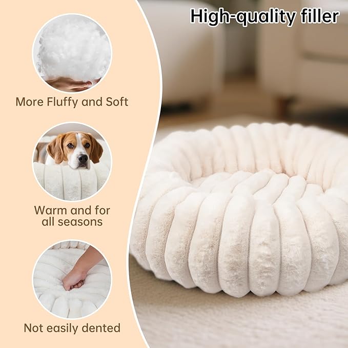 Donut Dog and Cat Bed, Luxurious Comfortable Faux Rabbit Fur Pet Beds, Round Anti-Anxiety Calming Puppy Kitten Bed with Anti-Slip Bottom for Small Medium Dogs & Cats(28", White)