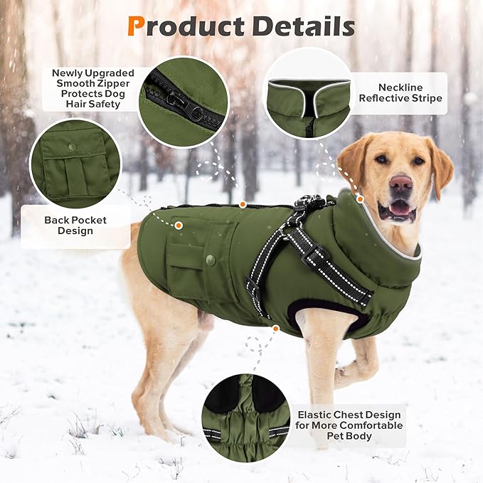 Dog Winter Coat with Harness Built-in | Waterproof Dog Jacket with Zipper & Fleece Lining | Reflective Cold Weather Coat for Small Medium Large Dogs