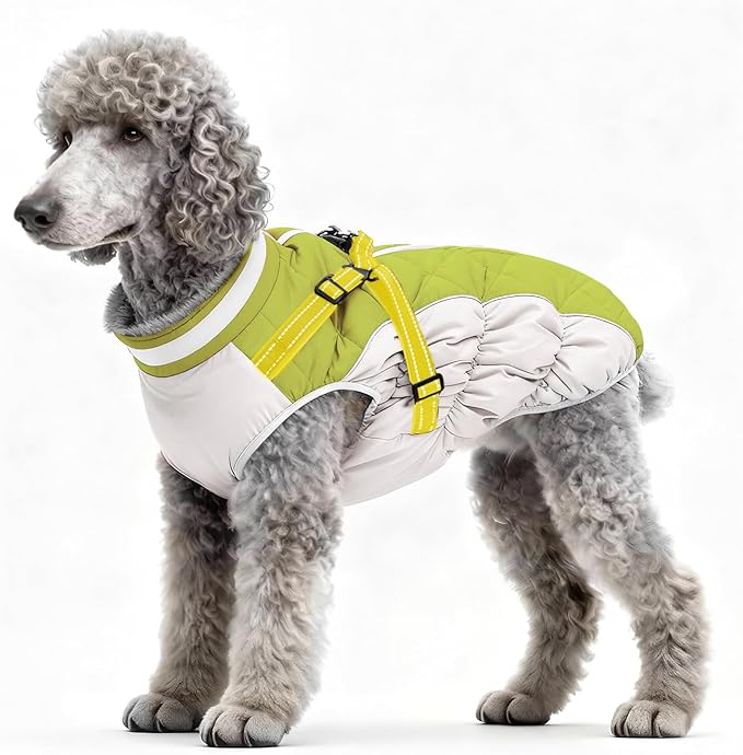 Dog Winter Coat with Harness, Dog Jacket, Pet Clothes with Zipper on Back, Waterproof Windproof Warm Vest, Reflective Cold Weather Coats, for Small Medium Large Dogs, Thick, Green, L