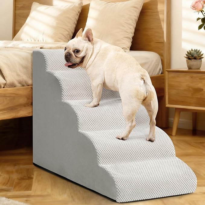 Dog Stairs for High Bed,5 Step Dog Ramp for Small and Medium Dogs,Pet Stairs with Non-Slip Bottom for Puppy, Older Cat,Indoor Pet Steps,Comfort,Durable,22.4" H,Light Grey