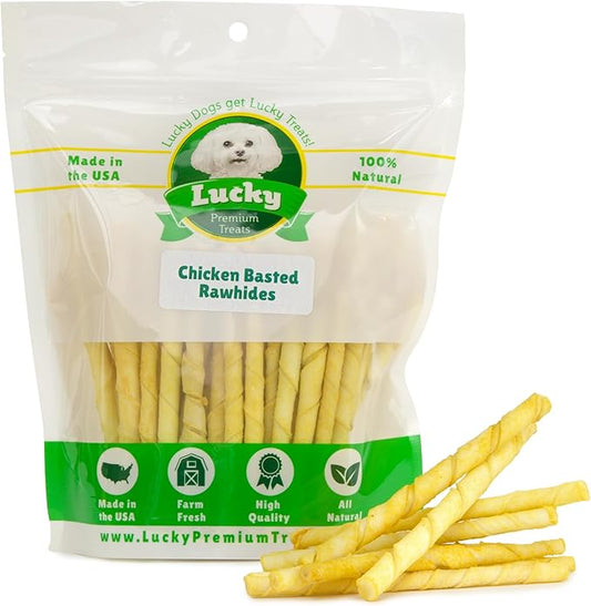 Chicken Basted Rawhide Twist Sticks Dog Treats – 125ct. Premium Rawhide Chew Sticks – Long Lasting Chicken Flavored Chews for Small Dogs Made in USA with Natural Beef Hide