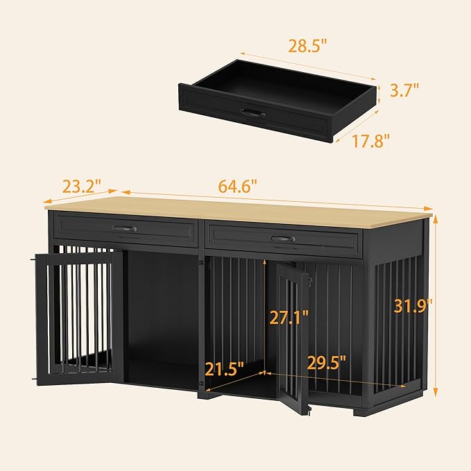 64.6" Furniture Dog Crate, Heavy Duty Wooden Dog Cage Furniture, Indoor Dog Kennel with Drawers & Removable Divider, Luxury Dog House with Double Rooms for Small Medium Breed Dogs, Black