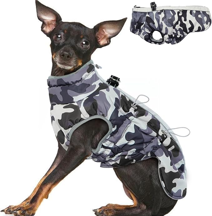 DawnPetco XS Winter Jacket, Dog Snowsuit Zip-Up Vest, Reflective Water-Resistant, Grey-Camouflage, for Chihuahua, Teacup & Puppy