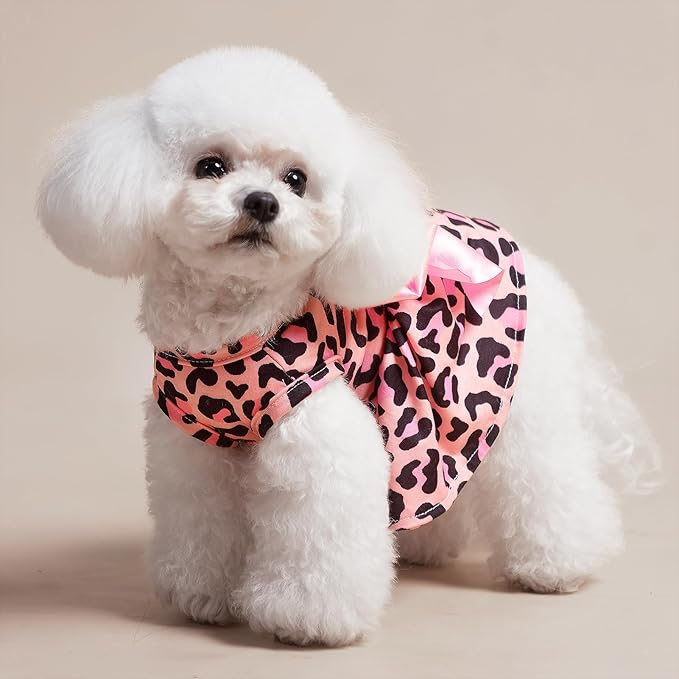 PUPTECK Print Dog Dress Pet Apparel with Cute Bowtie Puppy Clothes Outfit, Leopard Print, L