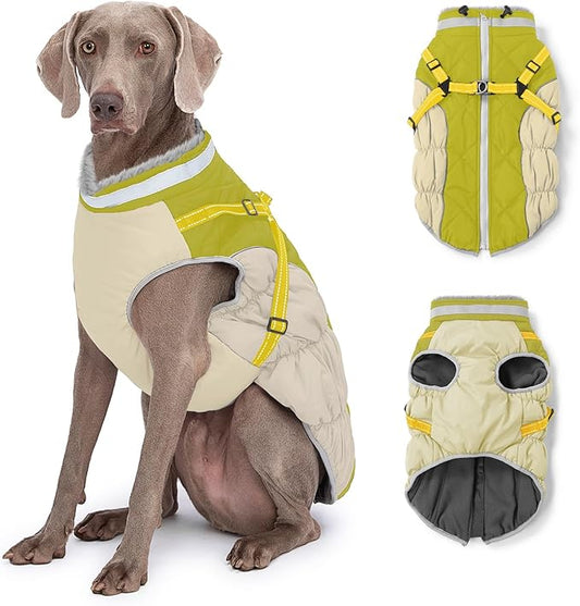 Dog Winter Coat with Harness, Dog Jacket, Pet Clothes with Zipper on Back, Waterproof Windproof Warm Vest, Reflective Cold Weather Coats, for Small Medium Large Dogs, Thick, Green, 3XL