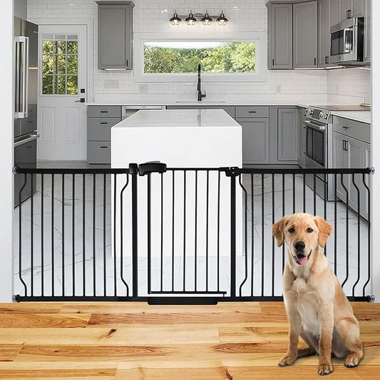 Extra Wide Baby Gate for Stairs Doorways with Door, 30" Tall 75.8-85" Wide Easy Install Dog Gate Indoor, Safety Metal Pressure Mounted Pet Gate with Walk-Thru Auto Close for The House, Black