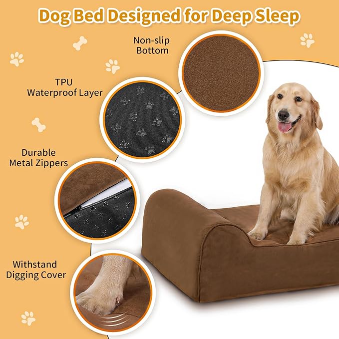 Orthopedic Dog Beds for Large Dogs, 7" Memory Foam Dog Beds with Waterproof Liner, Chew Proof Microsuede Cover, Removable and Washable, Nonskid Bottom, 52"x36"x7" XL Chocolate