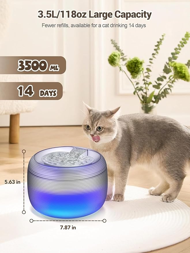 SIBAYS Cat Water Fountain, 118oz/3.5L Large Capacity Cat Fountain for Drinking with LED Light & Water Shortage Reminder, Plastic Automatic Dog Water Bowl Dispenser, Easy to Clean(FS75)