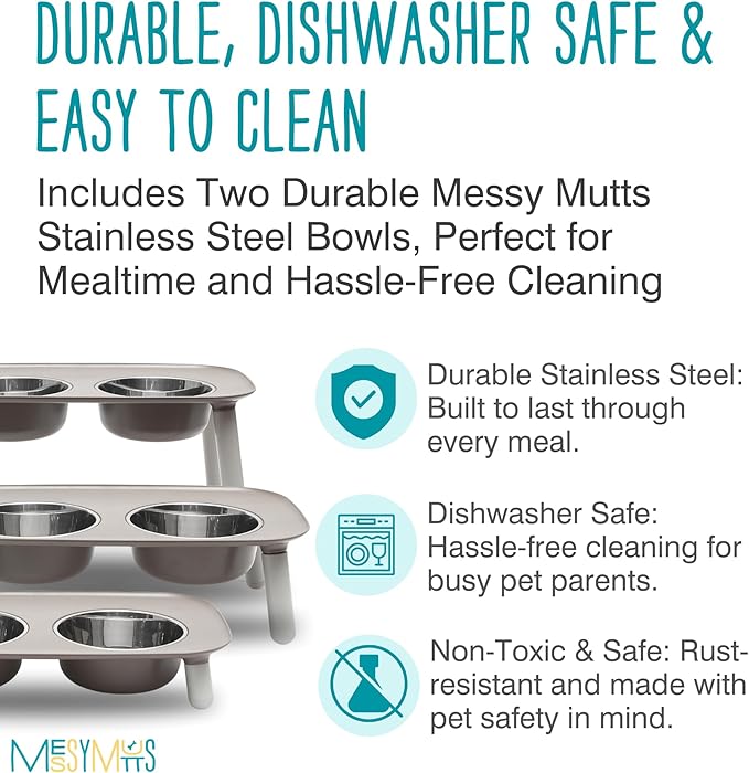 Messy Mutts Elevated Double Feeder with Stainless Bowls | Adjustable Height 3”, 5”, or 10” | Adjustable Standing Feeder for Dogs | 5 Cups per Bowl | Dark Grey