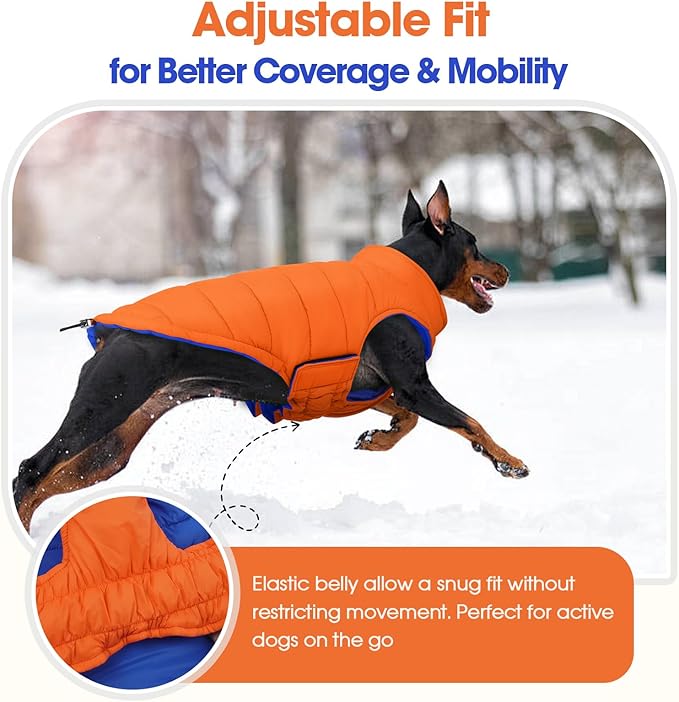 QBLEEV Reversible Dog Winter Coat, Warm Snowproof Dog Puffer Jacket for Large Dogs Cold Weather, Windproof Lightweight Padded Vest Snowsuit, 2-in-1 Adjustable Outdoor Clothes for Boxer, Orange, XXL