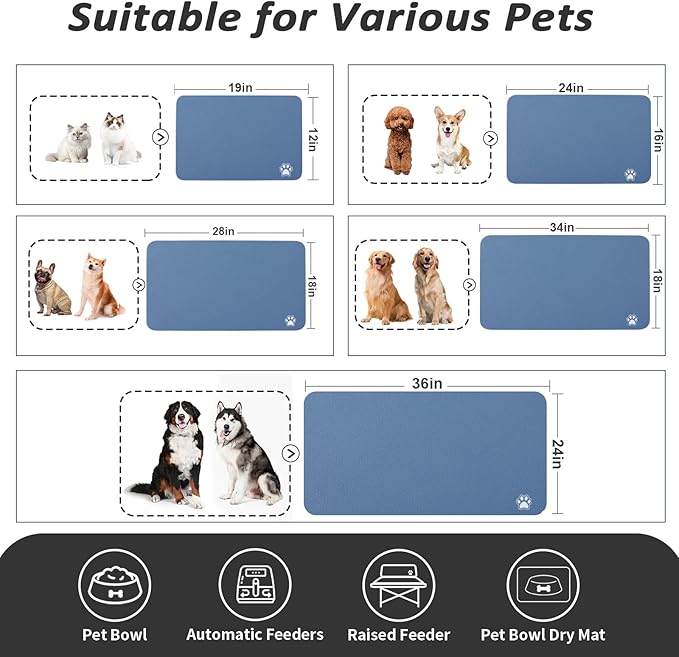 Pet Feeding Mat - Absorbent Dog Mat for Food and Water, No Stains Cat Bowl Mat, Easy to Clean Pet Placemats, Quick Dry Dog Water Dispenser Mat for Messy Drinkers | Paw Blue 16"x 24"