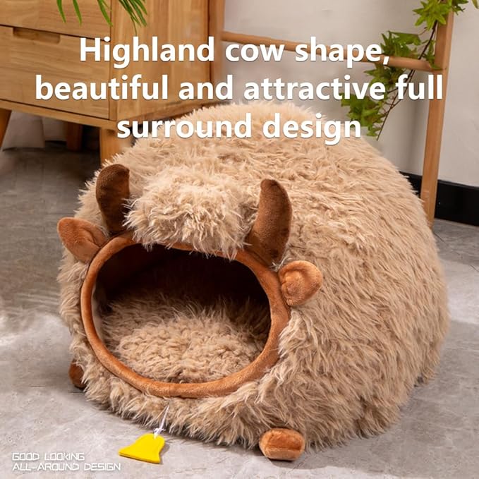 Cute Cat Bed Cave for Indoor Highland Cow Shaped Pet Plush House Self-Warming Nest Small Dogs Rabbits with Removable Cushion for Puppy Bed with Hanging Toy