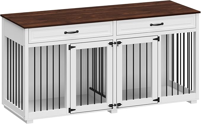 64.6" Furniture Dog Crate, Heavy Duty Wooden Dog Cage Furniture, Indoor Dog Kennel with Drawers & Removable Divider, Luxury Dog House with Double Rooms for Small Medium Breed Dogs, White