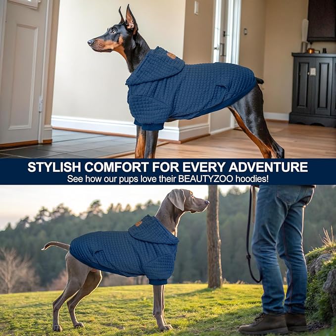 BEAUTYZOO Small Dog Hoodie Sweater with Pockets, Dog Clothes for Small Medium Dogs Boy Girl, Waffle-Like Laminated Cotton Pet Coats with Hat and Leash Hole, Navy Blue S