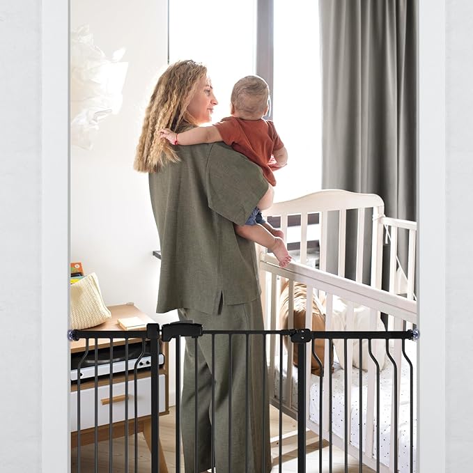 Extra Wide Baby Gate for Stairs Doorways with Door, 30" Tall 47.7-57.1" Wide Easy Install Dog Gate Indoor, Safety Metal Pressure Mounted Pet Gate with Walk-Thru Auto Close for the House, Black
