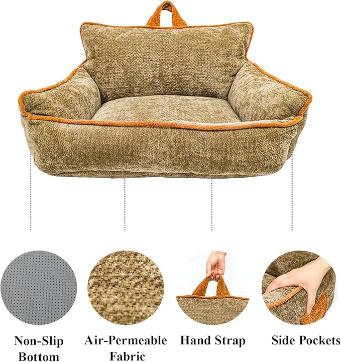 Small Orthopedic Dog Sofa Bed with Sides, Carry Handle & Side Pockets .Plush Chenille Orthopedic Pet Bed Couch for Small Breed Dogs & Cats .Portable Snuggler for Indoor Use, Travel & Recovery