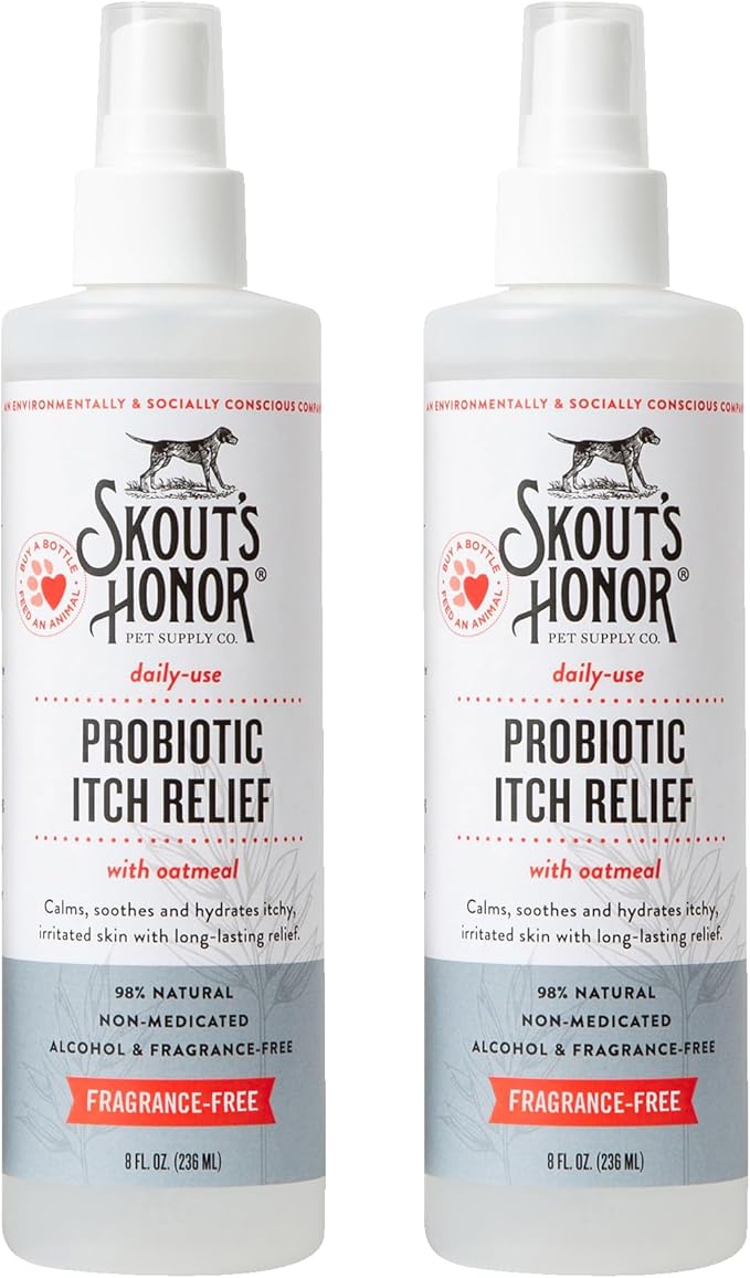 SKOUT'S HONOR Probiotic Itch Relief Spray for Pets - Non-Medicated, Fragrance-Free, Natural, Vegan, Long-Lasting Relief, with Soothing Aloe & Avocado Oil, 8 oz, 2-Pack