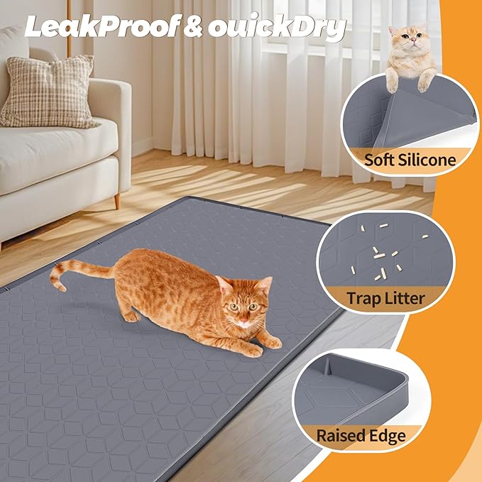 Cat Litter Mat, Extra Large 33.8" x 22" Silicone Mat Litter Trapping Mat for Scatter Control, Soft on Kitty Paws, Easy to Clean (Dark Grey)