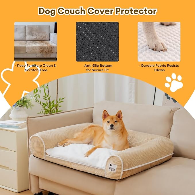 FUNNY FUZZY Orthopedic Dog Bed – Washable Dog Bed with Double Layer Plush Cushion Sofa Style Design with Bolstered Sides for Small Medium & Large Dogs Removable Cover XL Size (39.3"x26.7"x7.8") Beige