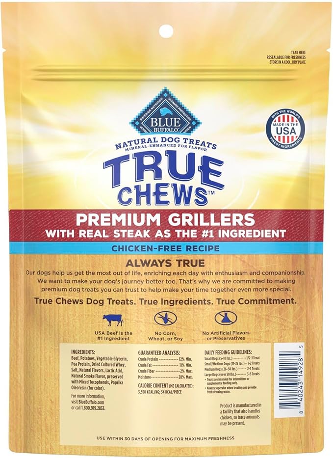Blue Buffalo True Chews Premium Grillers Dog Treats, Made in the USA with Natural Ingredients, Steak, 10-oz Bag