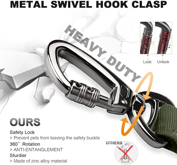 Tactical Dog Collar and Bungee Leash, Camo Military Dog Collar & Leash Set with USA American Flag Adjustable K9 Collar with Heavy Duty Metal Buckle & Handle,with Patches and Airtags Case (XL, Green)