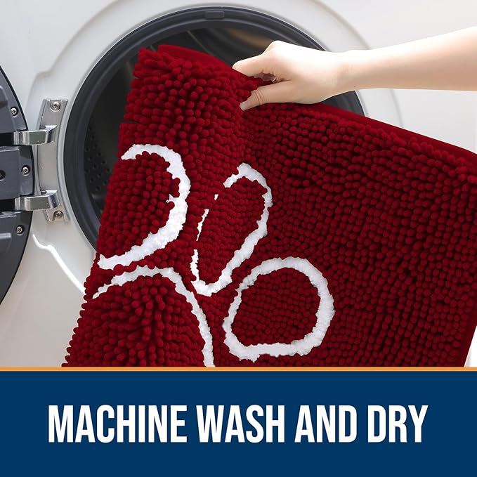 OLANLY Dog Door Mat for Muddy Paws 30x20, Paw Print Design, Absorbs Moisture and Dirt, Absorbent Non-Slip Washable Doormat, Quick Dry Chenille Mud Mat for Dogs, Entry Indoor Entryway Carpet, Red