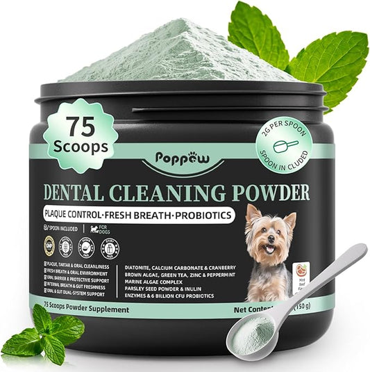 Dog Dental Powder – Teeth Cleaning Powder with 6B CFU Probiotics, Enzymes & Antioxidants, Plaque & Tartar Off, Fresh Breath Support, No Brushing Oral Care, Mint Beef Flavor, 75 Servings