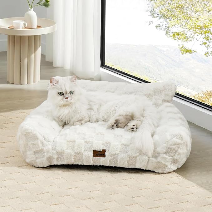 Cat Bed Cats Couch for Puppy and Kitten, Fluffy Pet Couch Small Dog Sofa Bed, Supportive Cat Sofa for Indoor Cats, Washable Cover & Non-Slip, 26 inch, White