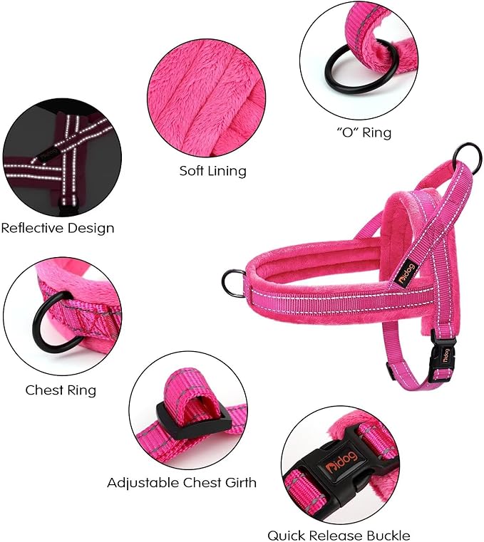 Didog Soft Flannel Padded Dog Vest Harness, No Pull/Quick Fit Reflective Dog Strap Harness, Easy for Training Walking (M:Chest 21-26", Hot Pink)