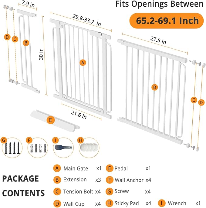 Extra Wide Baby Gate with Door 65.2-69.2 Inch Pressure Mounted, Auto Close Child Baby Gates for Doorways No Drill, Walk Through Dog Gate Indoor for The House, White