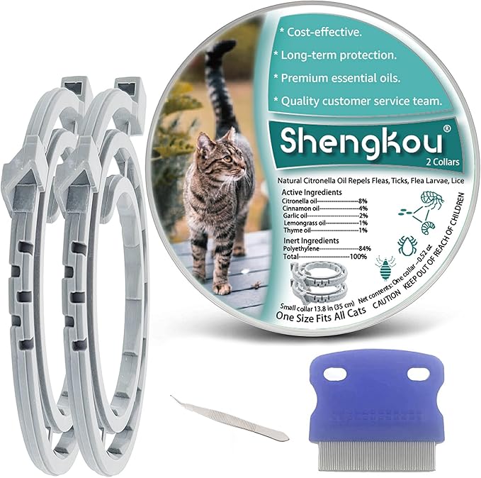 Flea and Tick Collar for Cats - Offers 12-Month Protection, Crafted with Premium Plant Oils, Waterproof, Natural, Safe for Kittens, Includes Free Comb and Tweezers, 13.8 in (2 Packs)