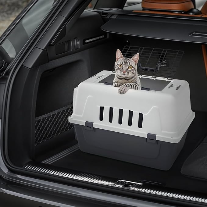 Magshion 22 Inch Hard-Sided Plastic Dog Carrier, 2-Door Top-Loading Kennel for Small Dogs and Cats Longer Traveling, Durable Handle, and 4 Sides Ventilation for Pet Up 22 lbs (White+Grey)