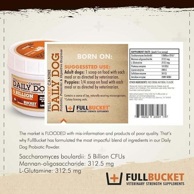 FullBucket Daily Dog Probiotic 150 Servings - Support Natural Digestion, Treat & Prevent Diarrhea - Probiotics, Prebiotics & Digestive Enzymes All in One Tasty Probiotic Powder for Dogs