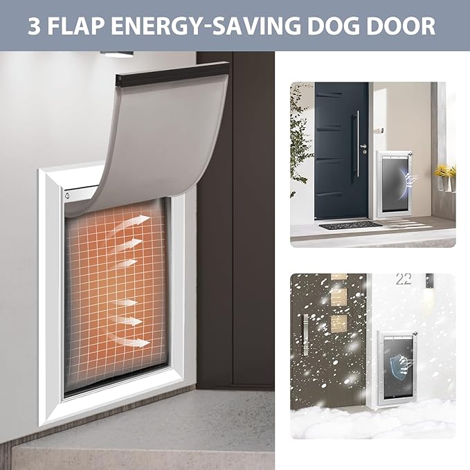 [Petoasis] Heavy Duty Aluminum Dog Door with Lock,3 Flap Insulated Doggie Doors with Installation Manual,Durable and Rust Resistant, Patent: USD1057087S, (Silvery White, XLarge for Wall)