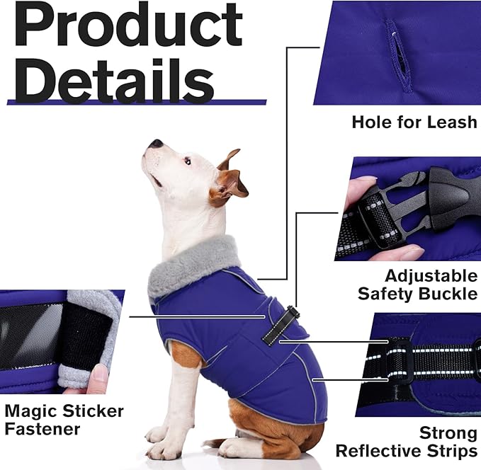 Lelepet Warm Dog Coat Reflective Fleece Vest Waterproof Dog Jacket with Adjustable Buckle Hook & Loop Windproof Cold Weather Coats for Small Medium Large Dogs, Blue, S