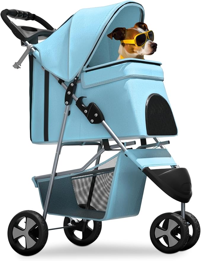 Magshion 3-Wheel Pet Stroller, Foldable Travel Jogger for Small & Medium Dogs & Cats (Up to 33lbs), Lightweight Carrier with Breathable Mesh Cover, Cup Holder & Storage Basket, Mint Green
