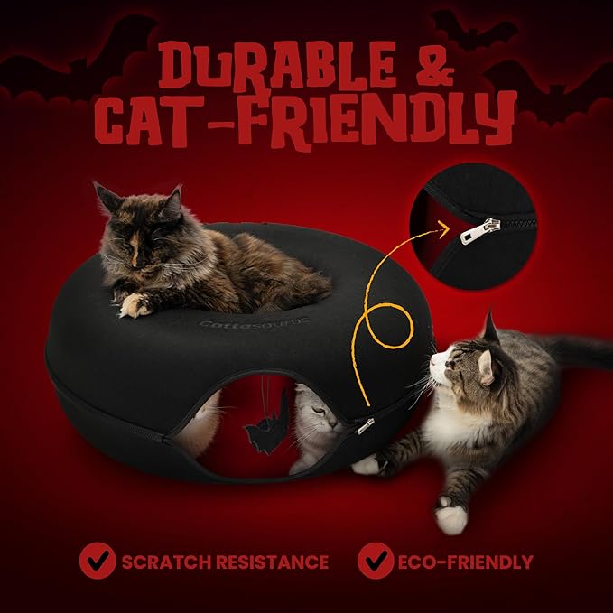 Cattasaurus Halloween Peekaboo Cat Cave, Extra Spacious for Multiple & Large Cats 15+ lbs, Scratch Detachable Cat Beds for Indoor Cats, Washable Tunnel Bed, Comfy Cat Donut Tunnel (Gothic Bat, Jumbo)